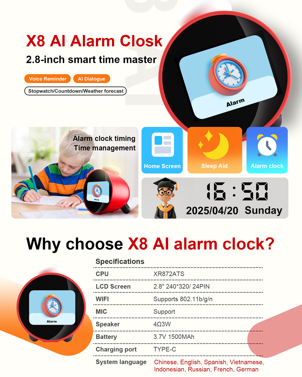 X8 AI Smart Alarm Clock with WiFi Touch Screen Speaker and Voice Support