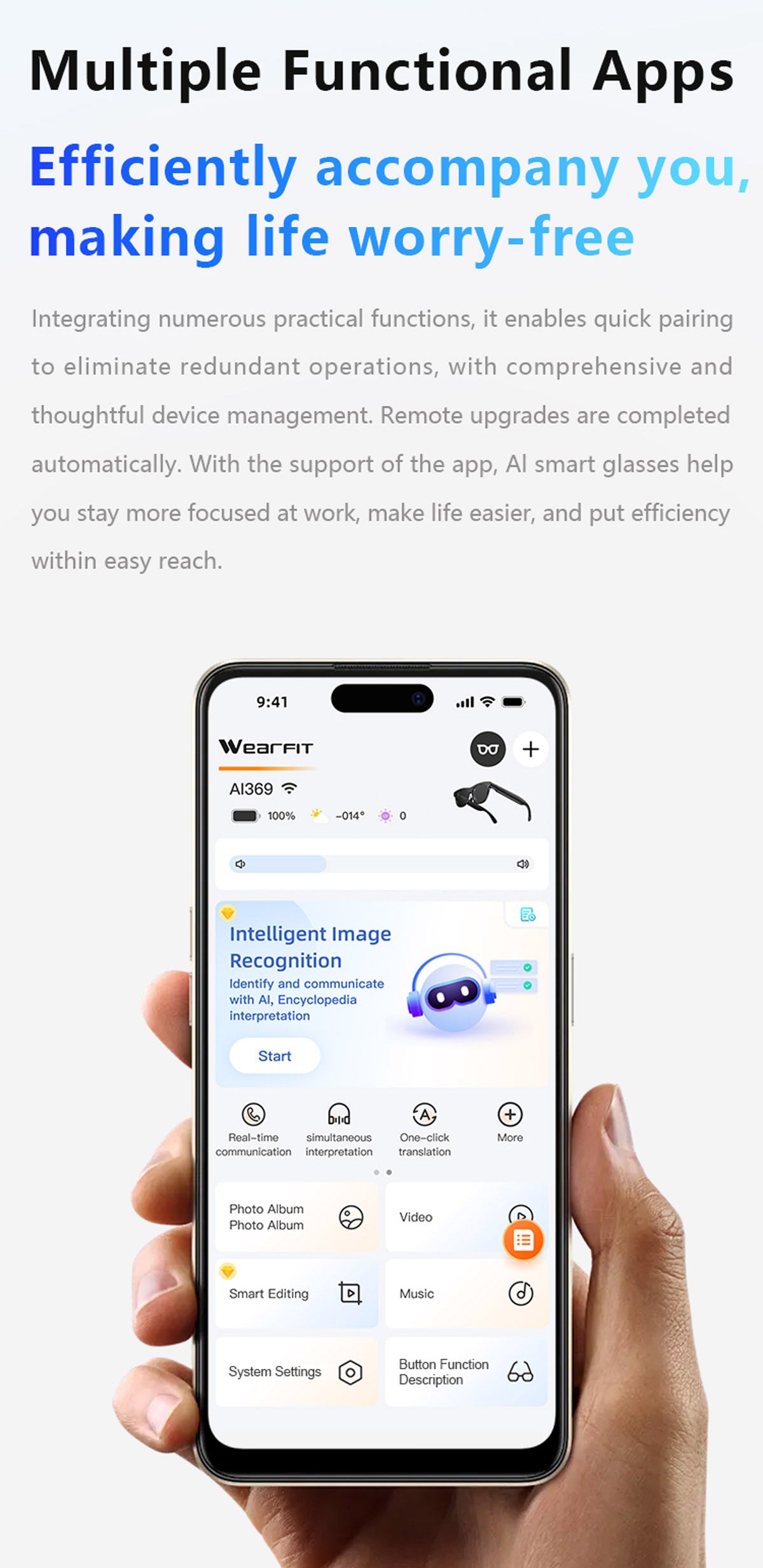 Ai106 Smart Glasses with Bluetooth and AI Translator Voice Control 6MP Camera WIFI Bluetooth Connectivity Touchscreen Real-time Translation