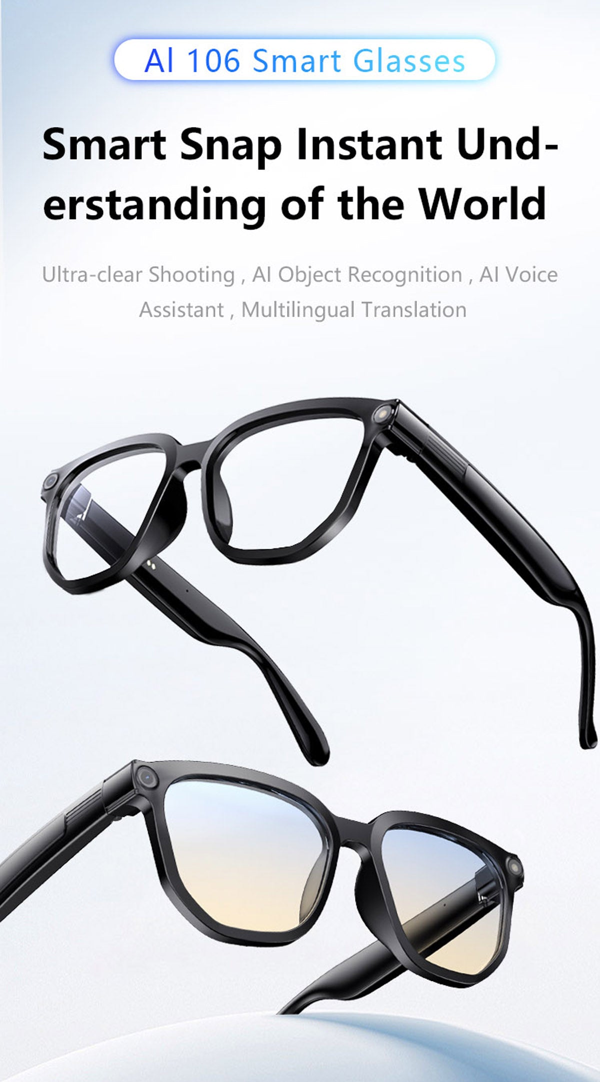 Ai106 Smart Glasses with Bluetooth and AI Translator Voice Control 6MP Camera WIFI Bluetooth Connectivity Touchscreen Real-time Translation
