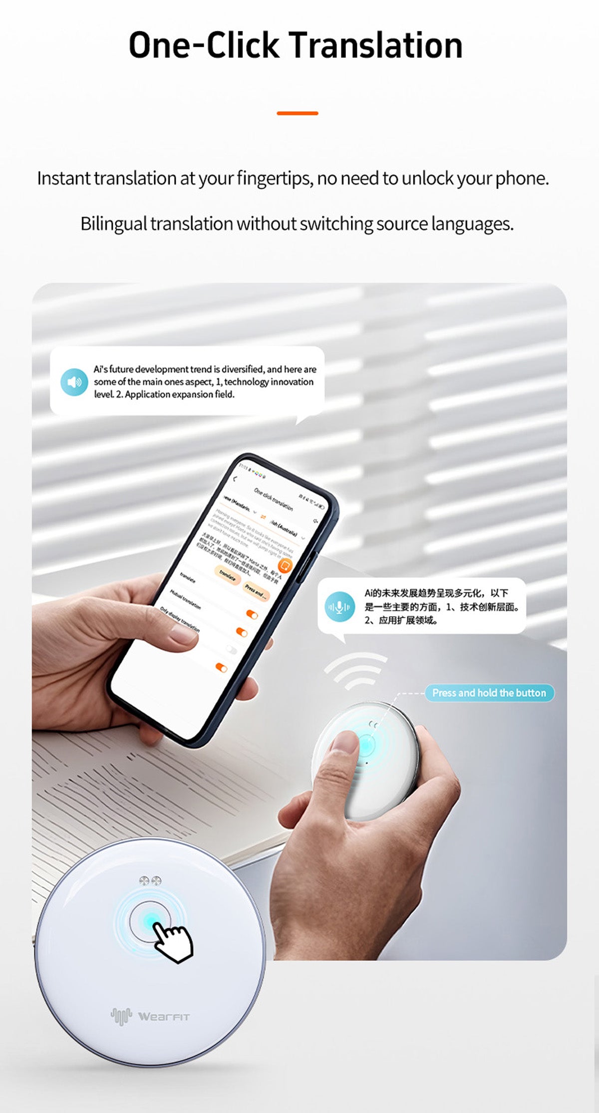 AI-102 Mobile Translation Assistant with Bluetooth 5.4, Real-time Translation, 6-Day Battery Life